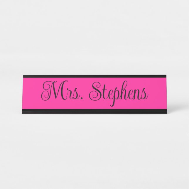 Hot Pink and Black Curly Calligraphy Name Desk Name Plate (Front)