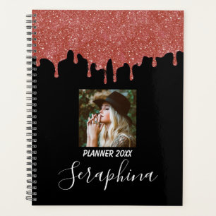 Hot Pink and Black Custom Photo Glitter Drips Planner