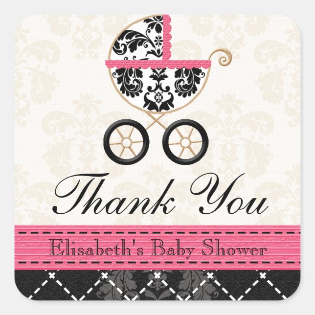 HOT PINK and Black Damask Baby Carriage Thank You Square Sticker (Front)