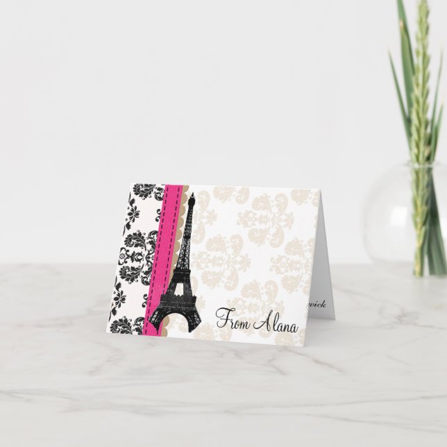HOT PINK AND BLACK DAMASK EIFFEL TOWER THANK YOU (Front)