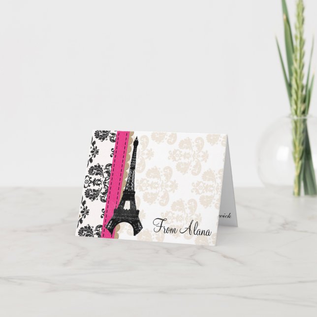 HOT PINK AND BLACK DAMASK EIFFEL TOWER THANK YOU CARD (Front)