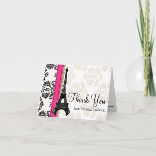 HOT PINK AND BLACK DAMASK EIFFEL TOWER THANK YOU CARD