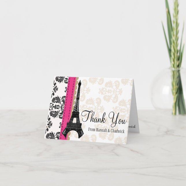 HOT PINK AND BLACK DAMASK EIFFEL TOWER THANK YOU CARD (Front)