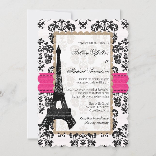 Hot Pink and Black Damask Eiffel Tower Wedding Invitation (Front)