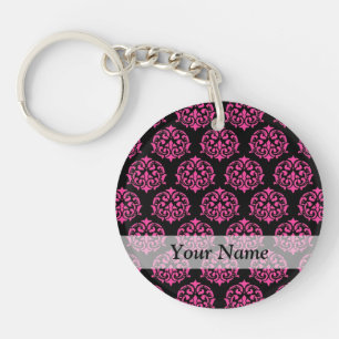 Hot pink and black damask key ring