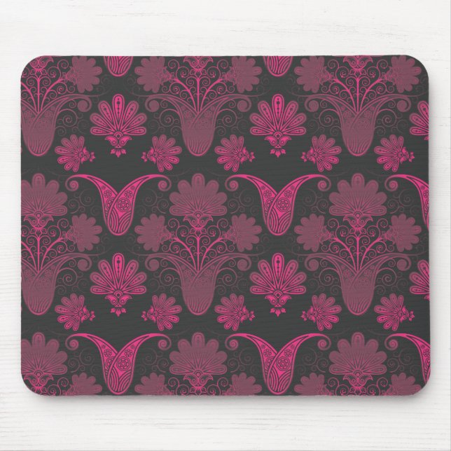 hot pink and black damask mouse pad (Front)