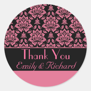 Hot Pink and Black Damask Thank You Sticker