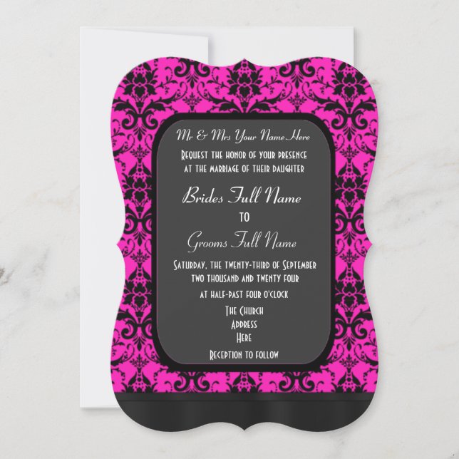 Hot pink and black damask wedding invitation (Front)