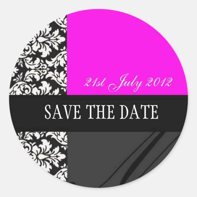 Hot Pink and Black Damask Wedding Stickers (Front)
