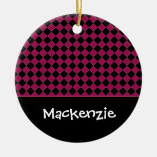 Hot Pink and Black Diamonds Custom Name Ceramic Tree Decoration