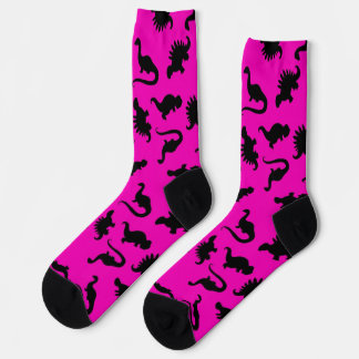 Hot Pink and Black Dinosaur Silhouette Socks