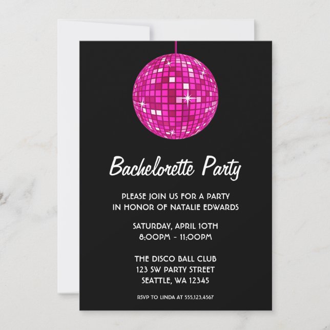 Hot Pink and Black Disco Ball Bachelorette Party Invitation (Front)