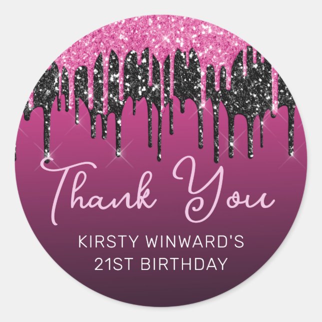 Hot Pink and Black Dripping Glitter Birthday Classic Round Sticker (Front)