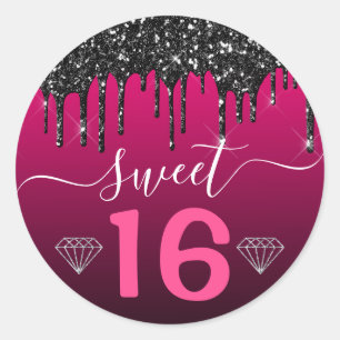 Hot Pink and Black Dripping Glitter Sweet 16 Classic Round Sticker