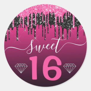 Hot Pink and Black Dripping Glitter Sweet 16 Classic Round Sticker