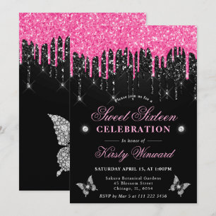Hot Pink and Black Dripping Glitter Sweet 16 Invitation