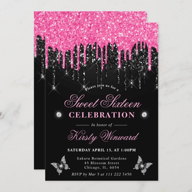 Hot Pink and Black Dripping Glitter Sweet 16 Invitation (Front/Back)