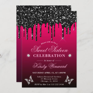 Hot Pink and Black Dripping Glitter Sweet 16 Invitation
