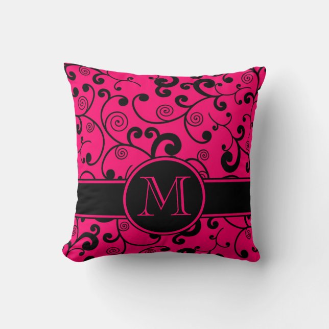 Hot Pink and Black Filigree Scroll with Monogram Cushion (Front)