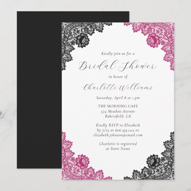 Hot Pink and Black Floral Lace Bridal Shower Invitation (Front/Back)