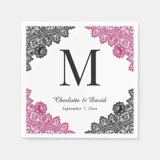 Hot Pink and Black Floral Lace Monogram Wedding Napkin (Front)