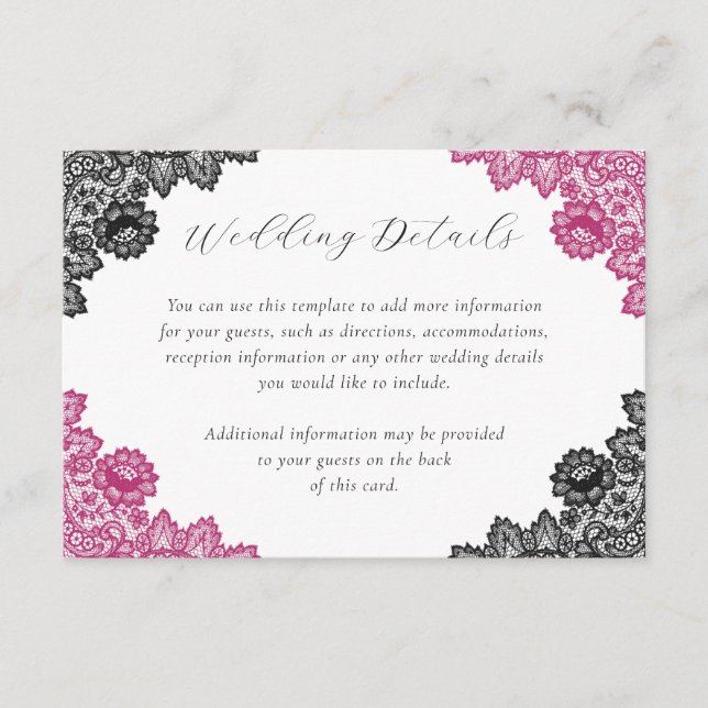 Hot Pink and Black Floral Lace Wedding Details Enclosure Card (Front)