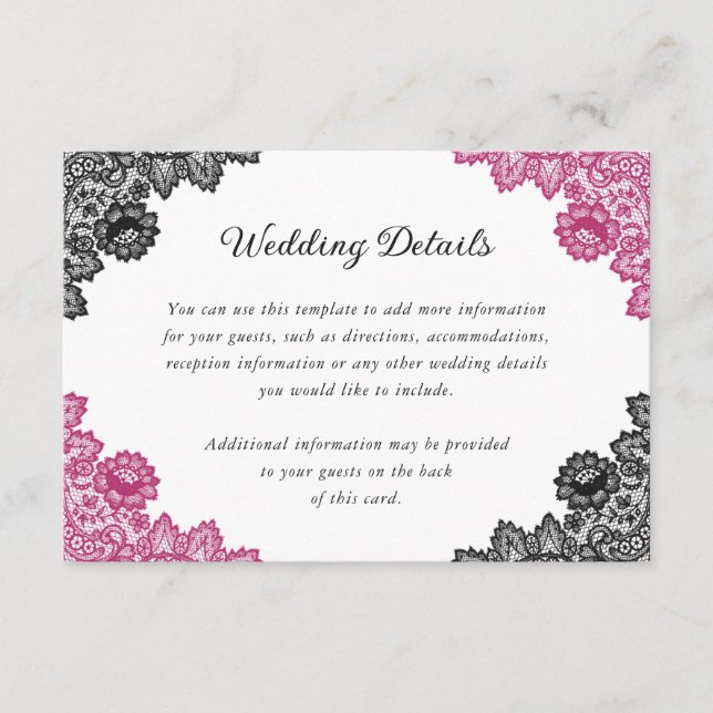 Hot Pink and Black Floral Lace Wedding Details Enclosure Card (Front)