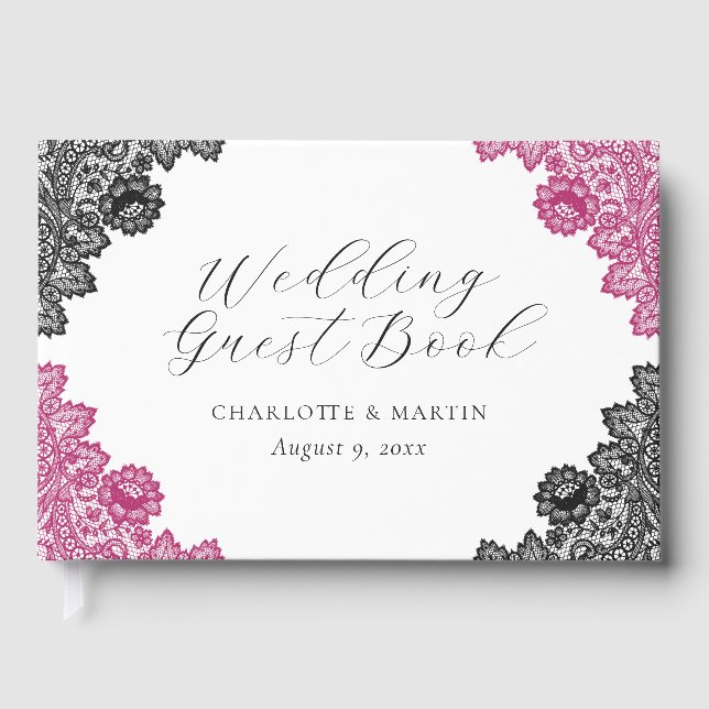 Hot Pink and Black Floral Lace Wedding Guest Book (Front)