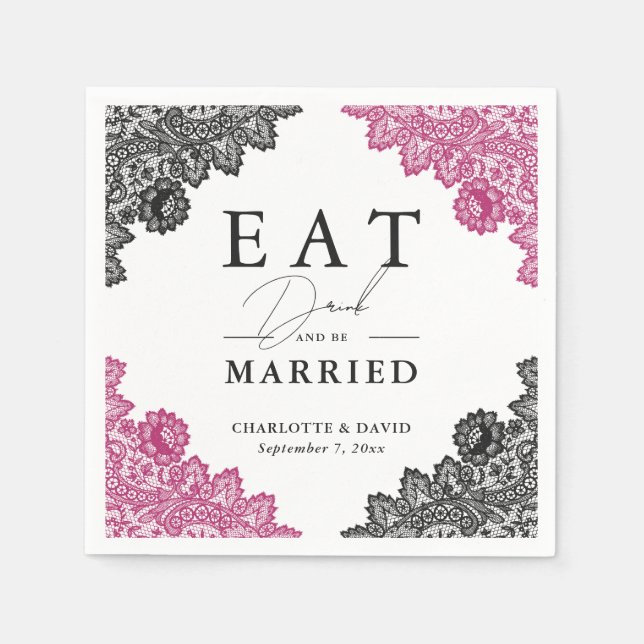 Hot Pink and Black Floral Lace Wedding Napkin (Front)
