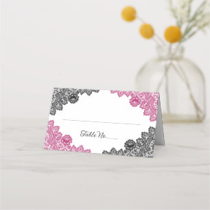 Hot Pink and Black Floral Lace Wedding Place Card