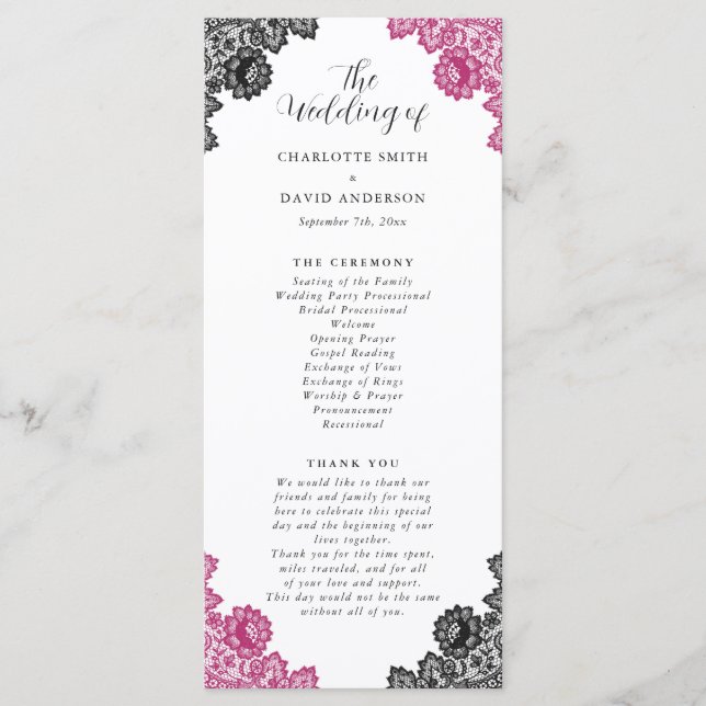 Hot Pink and Black Floral Lace Wedding Program (Front)