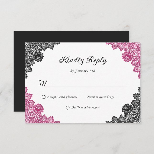 Hot Pink and Black Floral Lace Wedding RSVP Card (Front/Back)