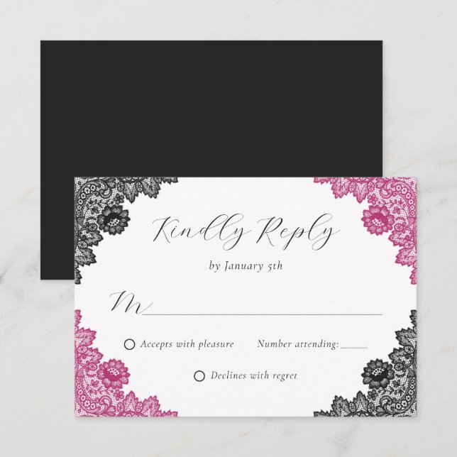 Hot Pink and Black Floral Lace Wedding RSVP Card (Front/Back)