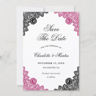 Hot Pink and Black Floral Lace Wedding Save The Da Date