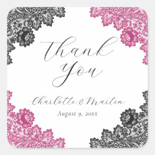 Hot Pink and Black Floral Lace Wedding Thank You Square Sticker