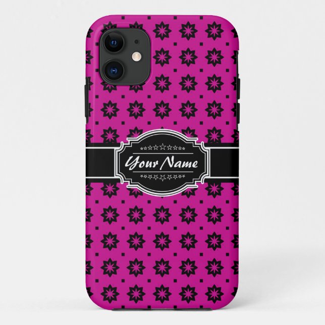 Hot Pink and Black Floral Tile Personalised Case-Mate iPhone Case (Back)