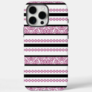 Hot Pink and Black Flowery Stripes iPhone 16 Pro Max Case