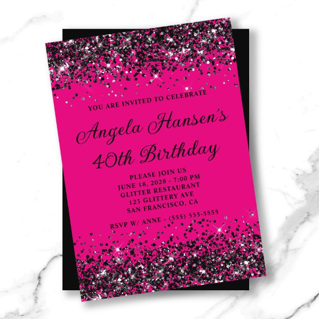 Hot Pink and Black Glitter 40th Birthday Invitation (Hot Pink and Black Glitter 40th Birthday Invitation)