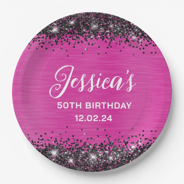 Hot Pink and Black Glitter 50th Birthday  Paper Plate (Front)