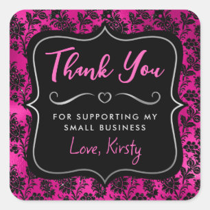 Hot Pink and Black Glitter Flowers Small Business Square Sticker