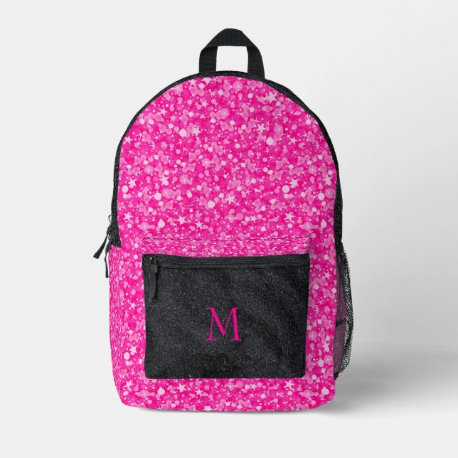 Hot Pink And Black Glitter Printed Backpack (Front)