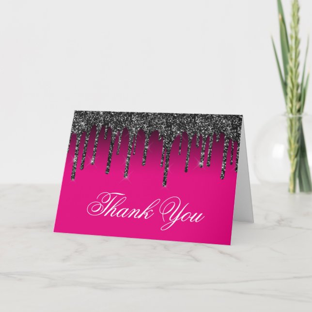 Hot Pink and Black Gradient Glitter Drips Thank You Card (Front)