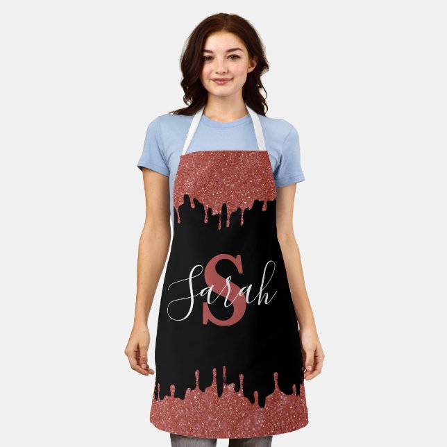 Hot Pink and Black Monogram Glitter Drips Apron (Worn)