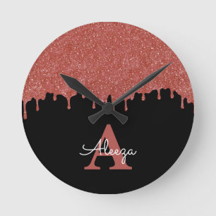 Hot Pink and Black Monogram Glitter Drips Round Clock
