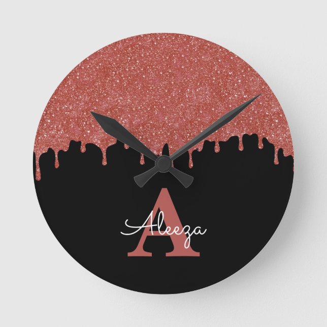 Hot Pink and Black Monogram Glitter Drips Round Clock (Front)