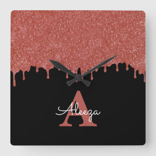 Hot Pink and Black Monogram Glitter Drips Square Wall Clock