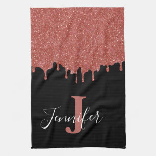 Hot Pink and Black Monogram Glitter Drips Tea Towel