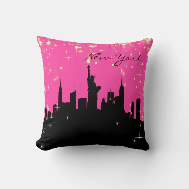 Hot Pink and Black New York Skyline Cushion (Front)