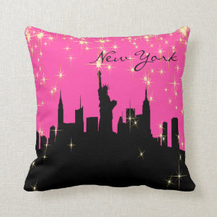 Hot Pink and Black New York Skyline Cushion