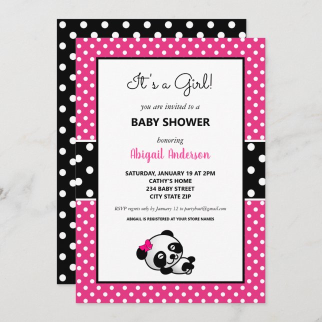 Hot Pink and Black Panda Bear Baby Shower Invitation (Front/Back)